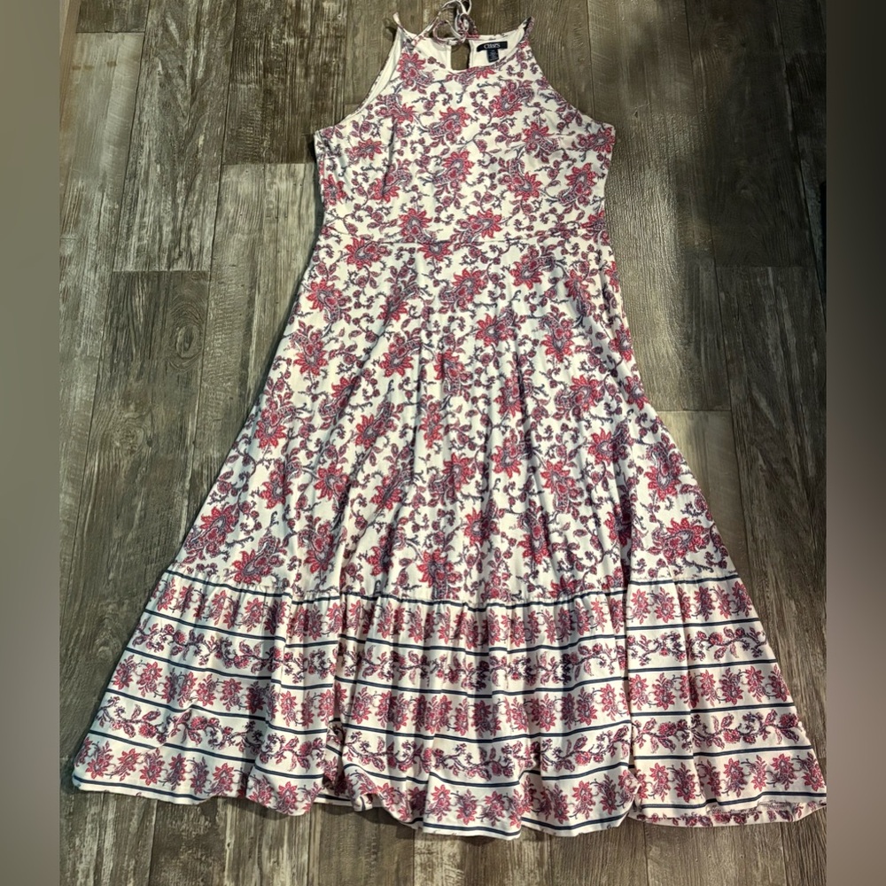 Chaps Red, Blue, and White Floral Halter Maxi Dress
